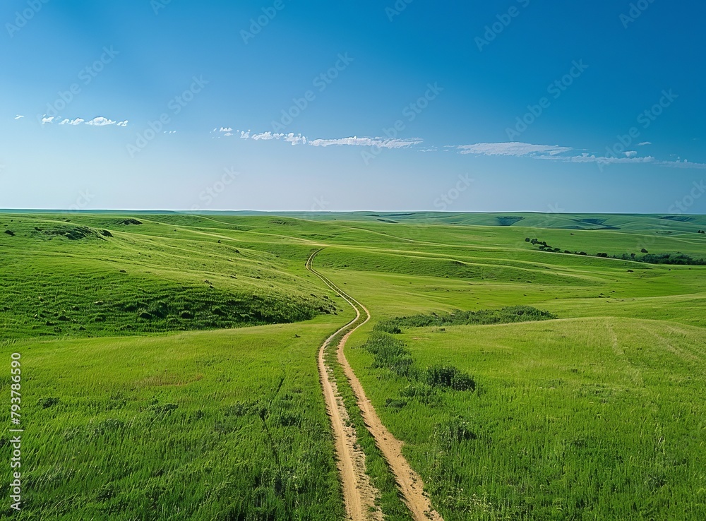 Countryside dirt road through the green rolling hills