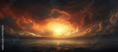Sunset over the sea with cloudy sky and bright sun
