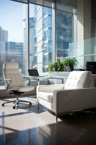 b Office interior with white leather chairs and a glass table 