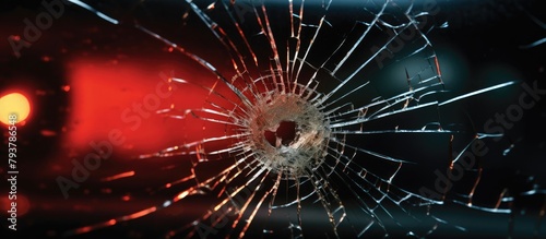 Bullet hole in glass with red light