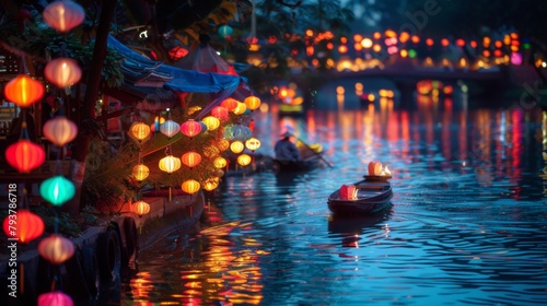 Floating lanterns gracefully adorning a river during a cultural celebration  illuminating the water with vibrant colors.