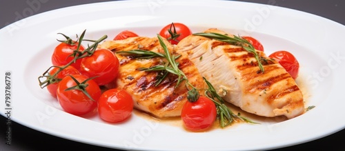 Chicken plate with tomatoes on table