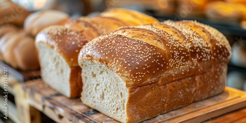 Loaf of bread with sesame seeds on a wooden table