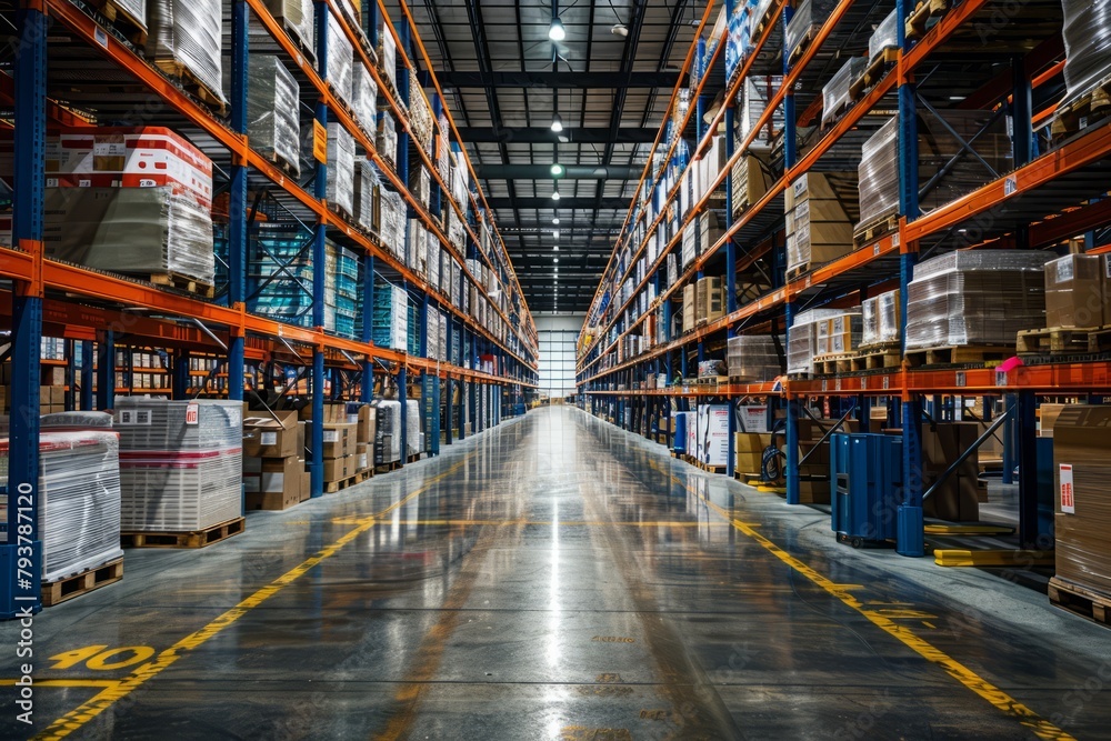 Warehouse with tall shelves full of neatly arranged boxes Warehouse with tall shelves full of neatly arranged boxes