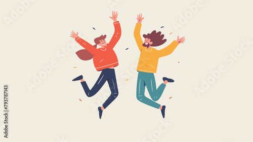 Couple of happy people jumping with raised hands on a