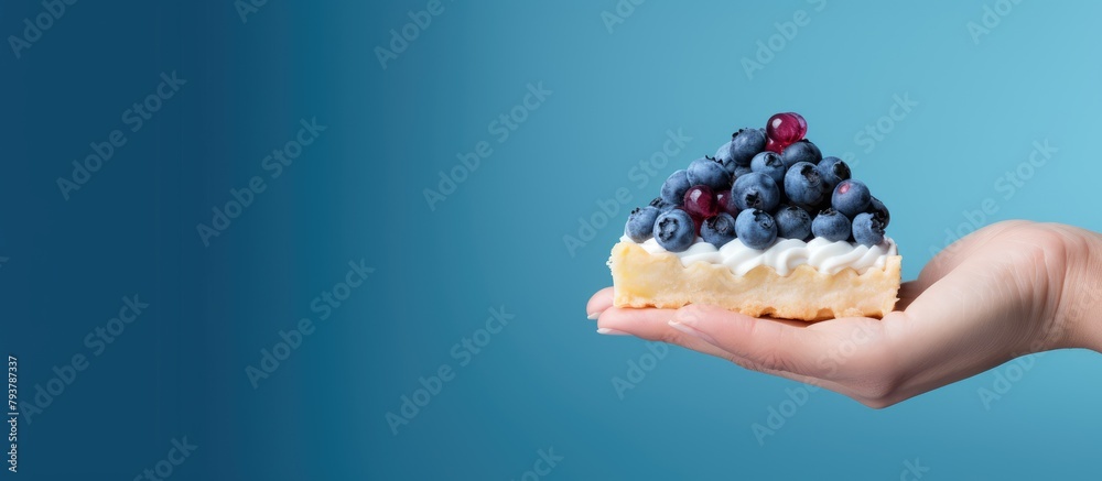 Person holding cake topped with blueberries Person holding cake topped with blueberries