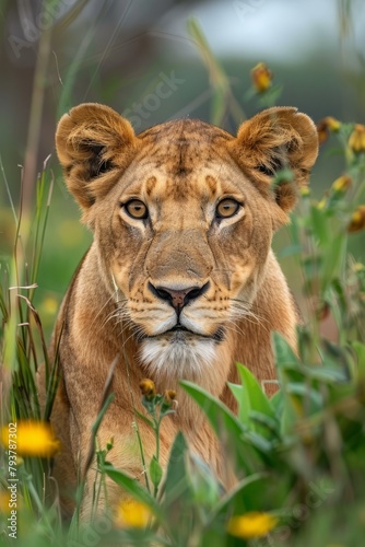 Close-up portrait of a lioness in the middle of yellow flowers and green grass