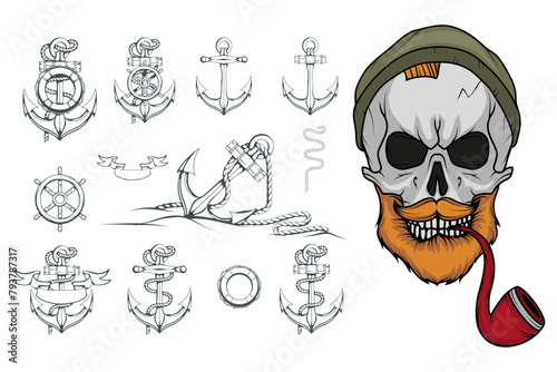 Hand Drawn sailor. Cartoon bearded man character. Sailor character head. Anchor Tattoo patch. Sea set. Vector artwork