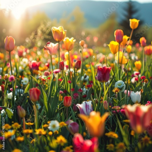 b Field of tulips in full bloom under the sunlight 