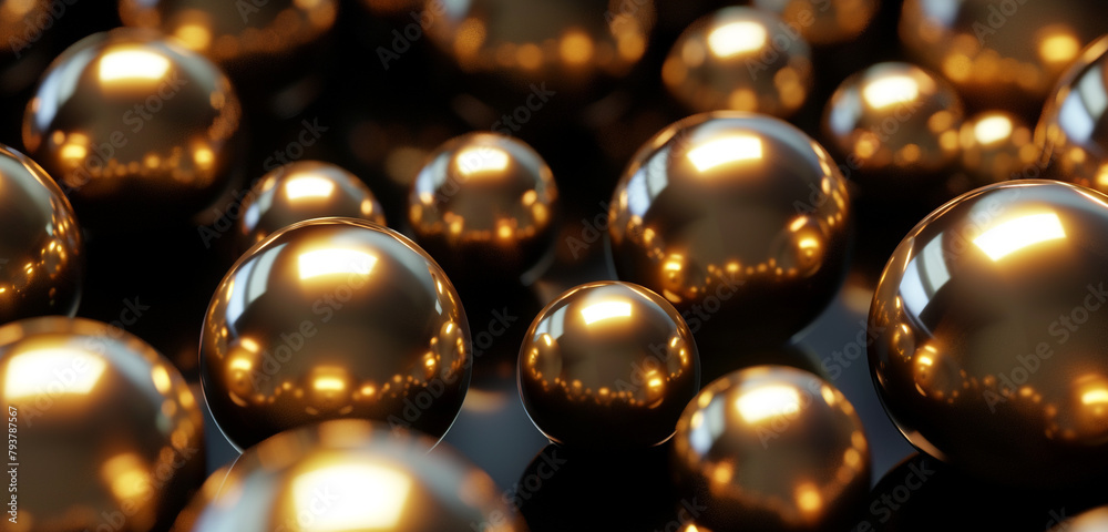 Sophisticated 3D background with metallic gold spheres against a deep black. Sophisticated 3D background with metallic gold spheres against a deep black.