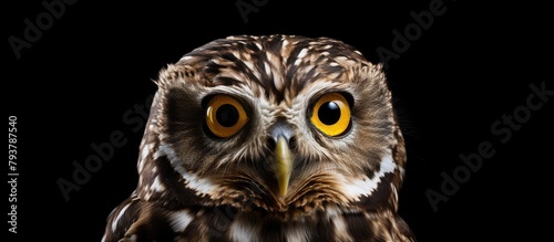 Brown owl with piercing yellow eyes against dark backdrop
