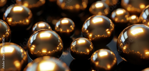 Sophisticated 3D background with metallic gold spheres against a deep black. © Ahmad