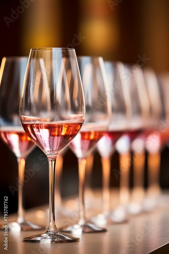 b'Close-up of a row of wine glasses with pink wine'