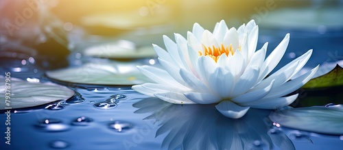 A single white blossom gently drifting on water