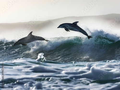 dolphins jump over breaking waves. Marine animals © mirifadapt