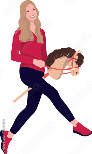 Teenage girl rides her horse for sport hobbyhorse