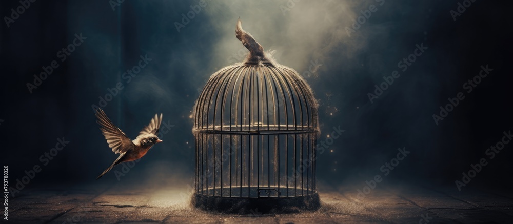 Bird escaping cage to freedom - obrazy, fototapety, plakaty 