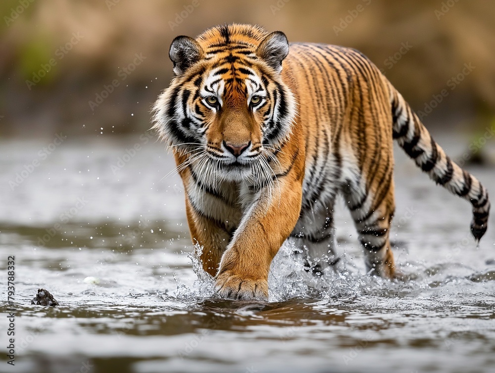 Siberian tiger, walking in the water directly at camera with water splashing. Attacking predator Siberian tiger, walking in the water directly at camera with water splashing. Attacking predator