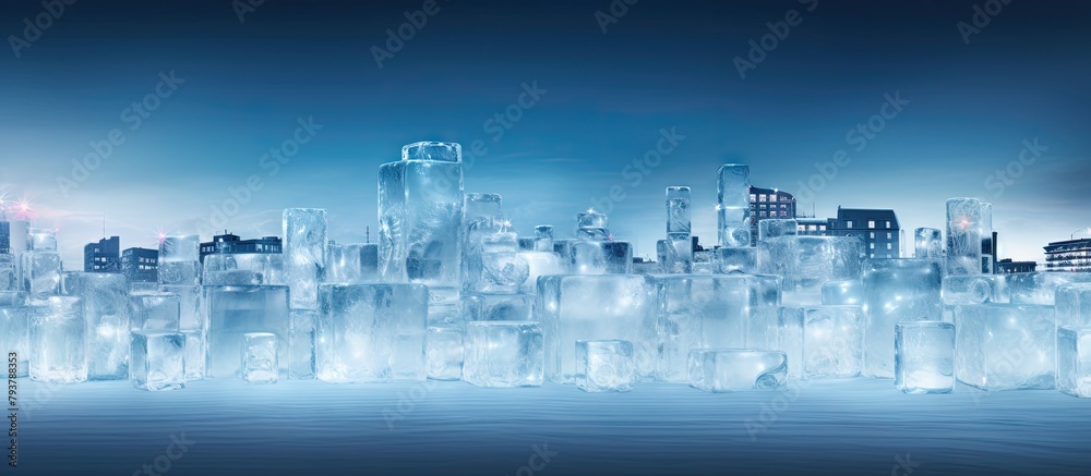 City skyline ice sculptures with skyscrapers in background