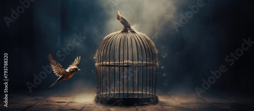 Bird escaping cage to freedom photo
