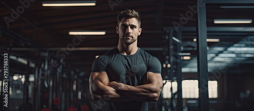 Man standing in gym, arms crossed photo