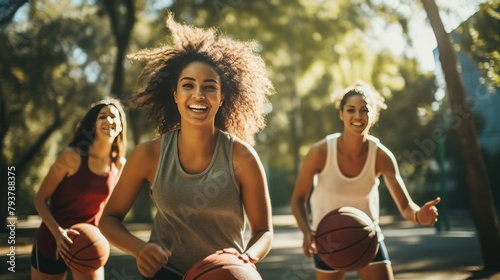 A group of women compete fiercely in a spirited game of basketball on the court