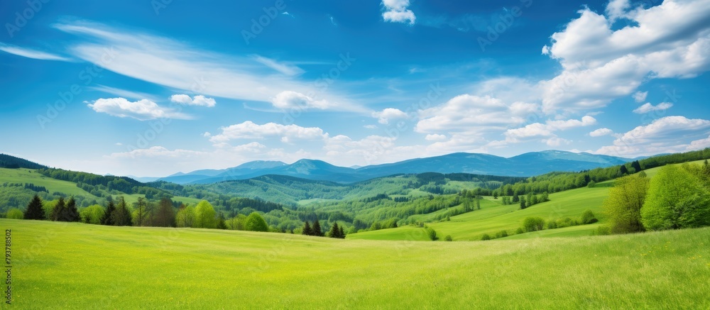 A serene landscape with lush vegetation and distant mountains