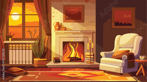 Cozy Interior with a fireplace with fire and a pictur photo