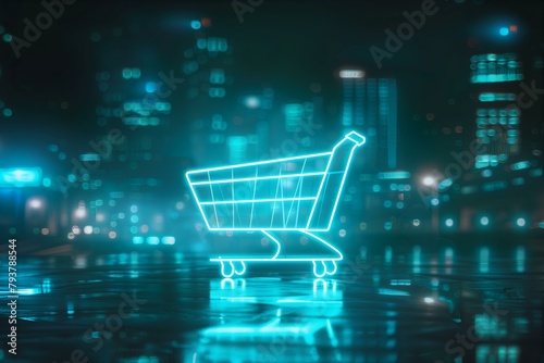 acquisition concept shopping trolley glowing light blue icon with office buildings in the background photo