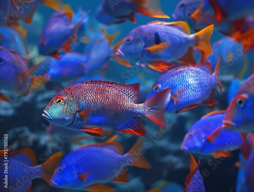 ocean fish close-up, school of fish swimming undewater, blue and bright red color palette