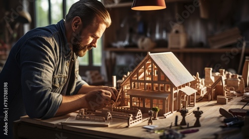 A man is working on a wooden model house in his workshop.