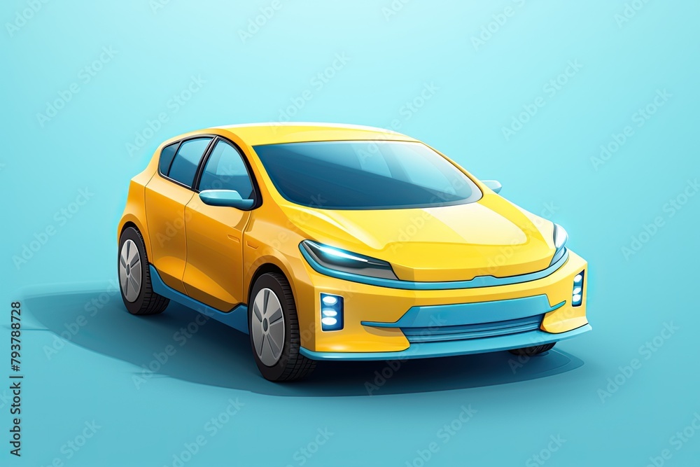 Bright yellow car with blue accents is parked on blue background. Car is modern electric vehicle with sleek design. Generative ai.
