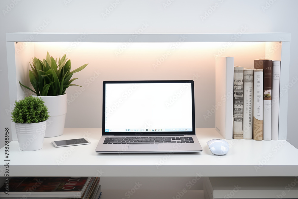 Computer on desk with white background. Subject related to the business world. Computer related topics. Image for graphic designer. Telework. Coworking. Computer on desk with white background. Subject related to the business world. Computer related topics. Image for graphic designer. Telework. Coworking.