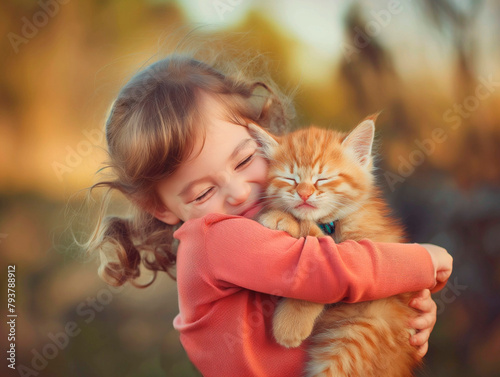 little girl hugs a cute kitten, a child and a kitten, small cute child who hugs a cat with love