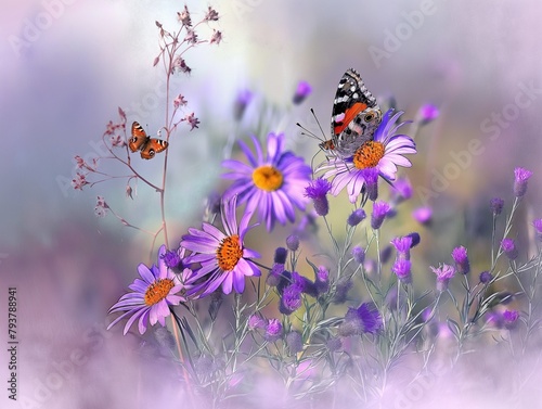 Beautiful wild daisy flowers, purple wild , butterfly in the morning haze in nature