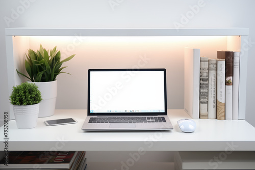 Computer on desk with white background. Subject related to the business world. Computer related topics. Image for graphic designer. Telework. Coworking.