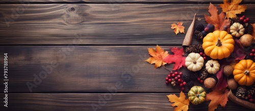 Wooden table basket pumpkins autumn decorations