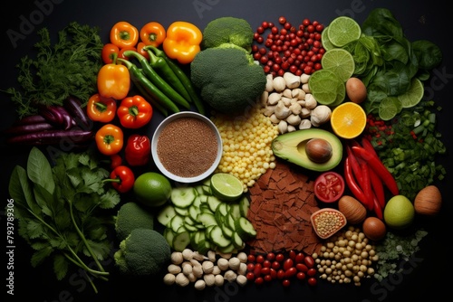 b A variety of fresh vegetables and fruits are arranged on a black background. There are many different types of peppers  avocados  oranges  limes  and other vegetables. 