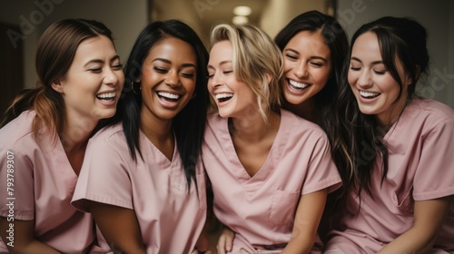 b'A group of diverse female nurses laughing together in a hospital hallway'