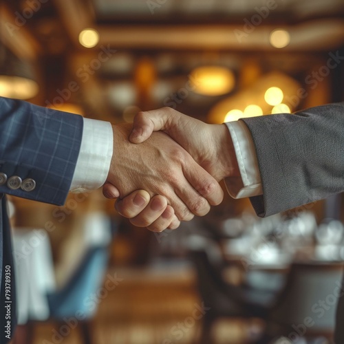 b'Businessmen shaking hands over restaurant lights background' photo