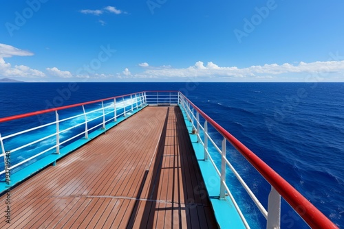 b'An empty cruise ship deck with blue sky and ocean' © duyina1990