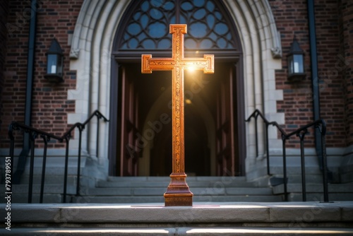 b'Wooden cross with bright light in front of a church'
