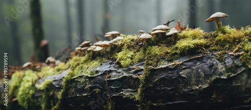 Mushrooms on a green log in a woodland photo
