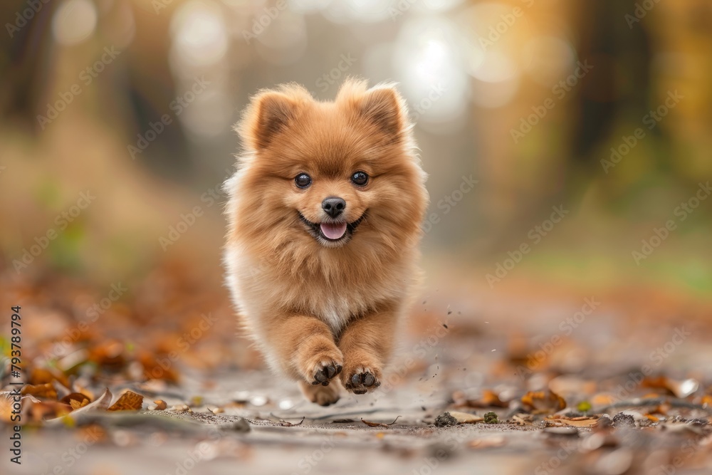 A happy Pomeranian dog running in the woods