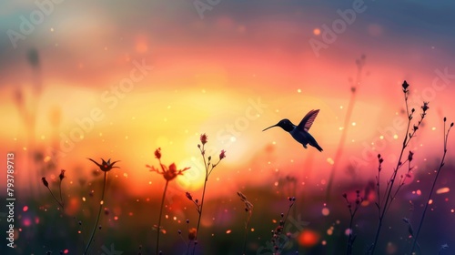Hummingbird silhouetted against a colorful sunset sky, a fleeting moment of natural beauty photo