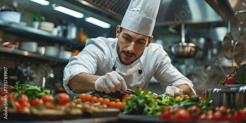 Male chef carefully preparing a dish in a commercial kitchen