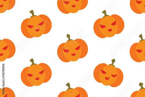 All over Halloween seamless vector repeat pattern with tossed orange and green pumpkin silhouettes on white background. Simple and sophisticated 4 way harvest Thanksgiving backdrop vector design