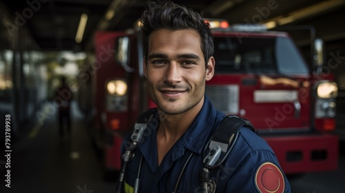 b'Portrait of a firefighter in front of a fire truck'