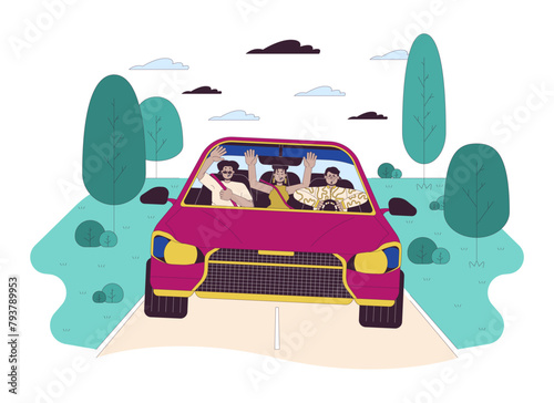 Reckless driving line cartoon flat illustration. Diverse friends riding vehicle with rules violation 2D lineart characters isolated on white background. Road accident danger scene vector color image