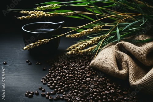 b'Coffee beans with wheat and burlap sack' photo